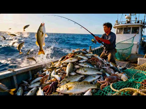 带网友出海碰到鲈鱼群，巨无霸鲈鱼连着上，体验拉鱼到手酸的感觉