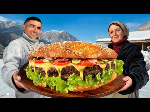 Village Giant Burger Cooked in Snowy Mountain Village