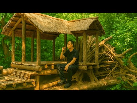 Challenge: I Built a Bushcraft Survival House on a Fallen Giant Tree – Part 1