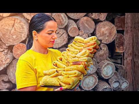 VILLAGE COOKING. Made pancakes from bull's HEART 🐂. A family with animals lives away from people