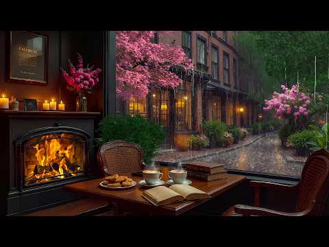 Smooth Jazz Spring Rain Coffee Shop ☕ Relaxing Jazz Piano & Fireplace Sounds for Study, Work