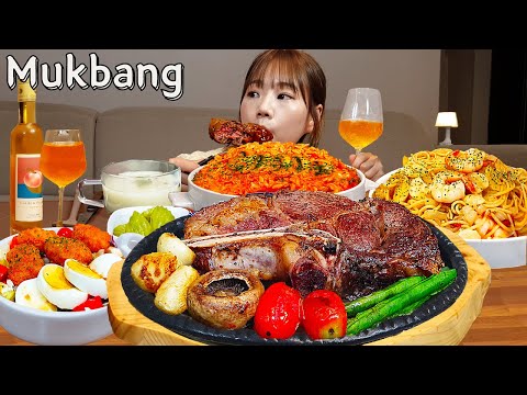 Sub)Real Mukbang- Beef Steak 🥩 Spicy Risotto 🍲 Oil Pasta 🍝 Chicken Salad 🍗Wine 🍾 ASMR