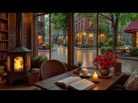 Gentle Spring Rain Coffee Shop 🌿 Warm Jazz Piano & Fireplace Sounds for Relax & Good Mood