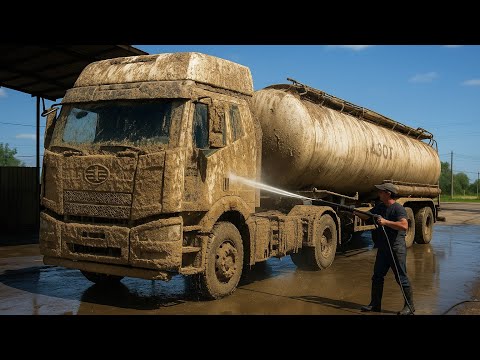 Satisfactory pressure washing of a muddy gas tanker truck! 🤮