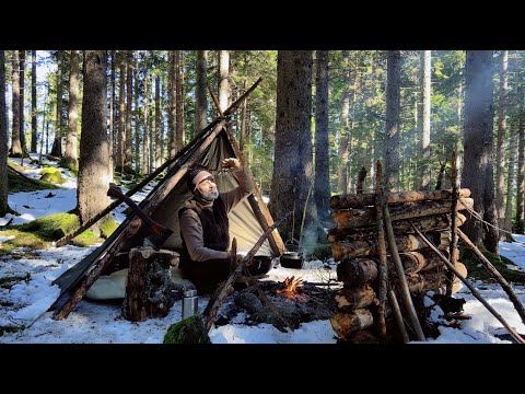 Winter Camping Adventure: Sleeping on Snow, Lavvu Tent Setup, Rotisserie Chicken & Bear Paw Tracks