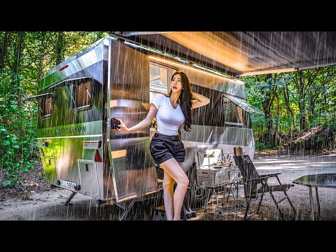 ☔HEAVY RAIN CAMPING IN A LUXURY CYBER CARAVAN
