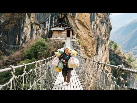 云南悬崖上的独居人家,四面临崖靠吊桥进出,到处都有山体落石十分危险!【乡村阿泰】