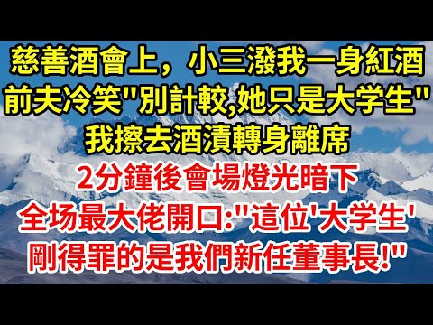 慈善酒會上,小三潑我一身紅酒,前夫冷笑“別計較,她只是大学生”。我擦去酒漬轉身離席,兩分鐘後會場燈光暗下,全场最大佬開口:“這位‘大学生’剛得罪的是我們新任董事長夫人。”#情感 #故事分享 #故事頻道