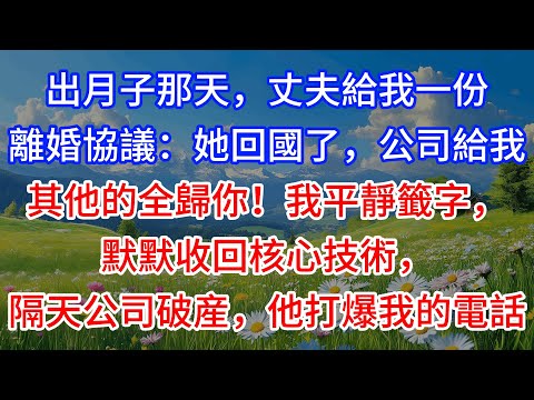 【完結】出月子那天，丈夫給我一份離婚協議：她回國了，公司給我，其他的全歸你！我平靜籤字，默默收回核心技術，隔天公司破産，他打爆我的電話