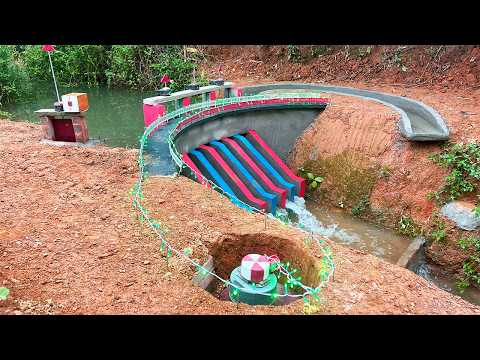 Construction of a six-sluice curved hydroelectric dam with Francis turbines