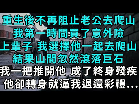 重生後不再阻止老公去爬山,我第一時間買了意外險,上輩子 我選擇他一起去爬山,結果山間忽然滾落巨石,我一把推開他成了終身殘疾,他卻轉身就逼我退還彩禮...