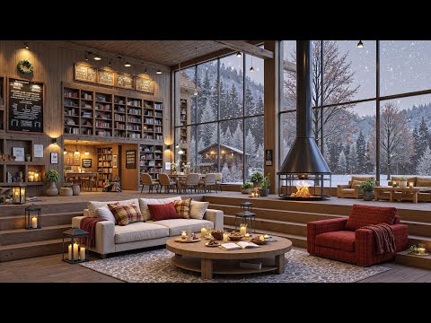 Soothing Winter Jazz Music in a Cozy Library Café | Snowfall, Fireplace Lounge & Warm Ambience ❄️🔥📚