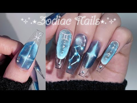 Moving Constellation Nails🌌💫 Transparent Magnetic French Nails! ASMR / Nail Art Tutorial