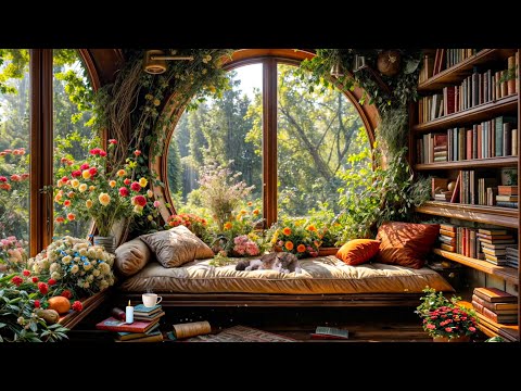 Spring Morning Sofa and 4K Bookshelf Next to Window Full of Flowers, Singing Birds, Falling Leaves