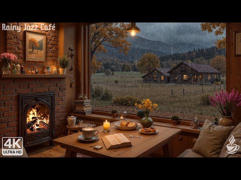 Coffee Shop Rain Ambience 🌧️ Jazz Piano & Crackling Fire | Work From Home Productivity