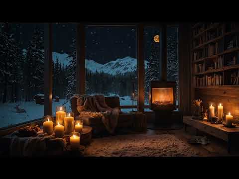 Warm Winter Cabin Night Ambience | Crackling Fire, Candlelight & Soft Relaxing Music
