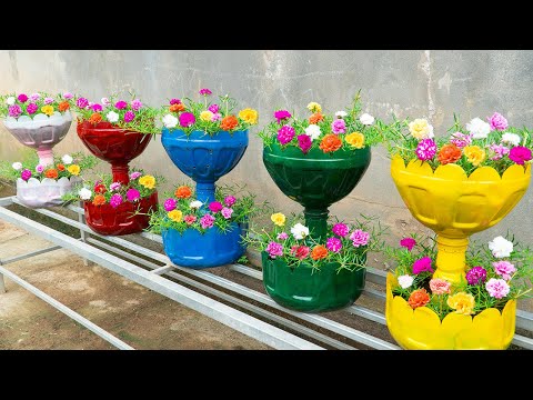 Recycle plastic bottles into beautiful 2-story flower towers and plant pots to decorate the garden
