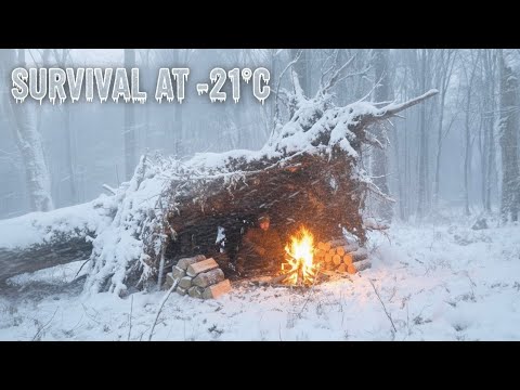No tent, No sleeping bag - Extreme Winter Survival Camping (OF/-21C)|winter camp in blizzard 🥶