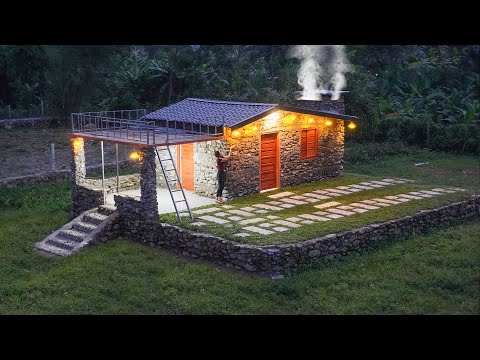 TIMELAPSE: START to FINISH Alone Building Stone House - DIY Young Girl Stone House