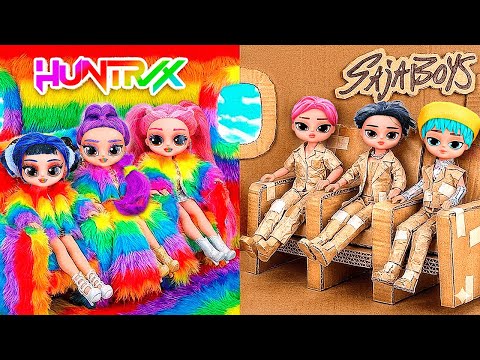 DIY Cardboard & Rainbow Makeover K-Pop Demon Hunters in Airplane! 10 Crafts for L.O.L. Dolls