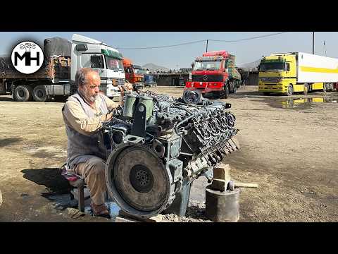 Afghaan Mechanic Demonstrates Mercedes Engine Rebuilding with Basic Tools