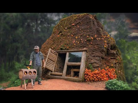 Secret Survival Shelter with Handwoven Bed and Wind-Powered Grill