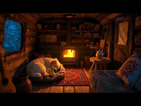 Winter Van Night – Deep Sleep with Fireplace Crackling & Blizzard Wind Sounds