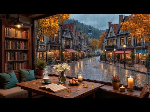 November Autumn Nights 🍂 Cozy Coffee Shop with Rain Sounds & Gentle Jazz Piano for Study & Relax