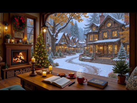 Snowy Christmas Winter Day ❄️ Cozy Coffee Shop Jazz & Fireplace Sounds for Study & Work