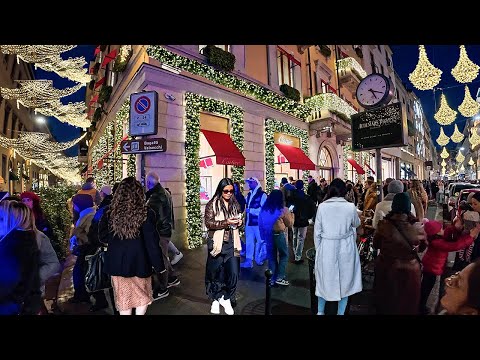 Milan Italy Luxury Shopping Streets 2025  Christmas Lights  & Holiday Atmosphere 4K 60 FPS
