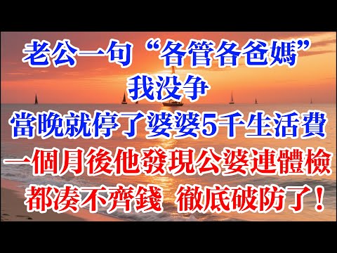 老公一句“各管各爸媽” 我沒爭 當晚就停了婆婆5千生活費 一個月後他發現公婆連體檢都湊不齊錢 徹底破防了！ #煙火故事匯 #婆媳 #家庭 #生活故事 #故事 #為人處世 #生活經驗 #情感故事 #婚姻