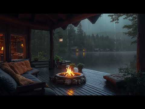 Rainy Lake Balcony with Crackling Fireplace 🌧🔥 (No Ads) Sleep Better & Deep Relaxation