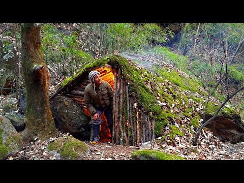 Build a Cozy and Warm Bushcraft Survival Shelter with fireplace, Winter Survival Camping