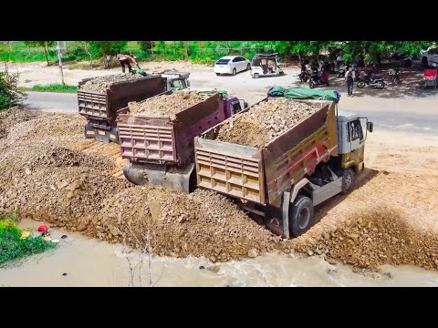 NICELY! Start project Landfill Task! Operating 5T Truck unloading Soil&DozerDR51PX Pushing SoilRock 