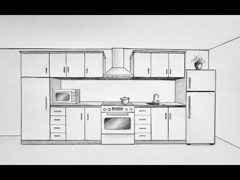 How to draw a simple kitchen in one point perspective