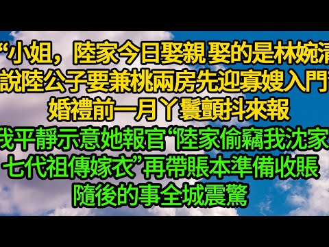 “小姐，陸家今日娶親，娶的是林婉清姑娘。說陸公子要兼桃兩房，先迎寡嫂入門”婚禮前一月丫鬟顫抖來報，我平靜示意她報官“陸家偷竊我沈家七代祖傳嫁衣”再帶賬本準備收賬，隨後的事全城震驚