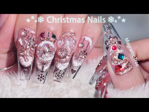 Rose Gold Christmas Nails🎄♥️ Magnetic Tree & Transparent French Tips | DIY Nail Art | ASMR