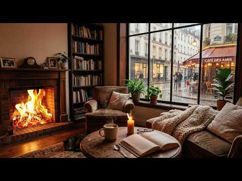 Warm Rainy Paris Reading Room 🔥 Smooth Jazz Piano & Fireplace Sounds for Study