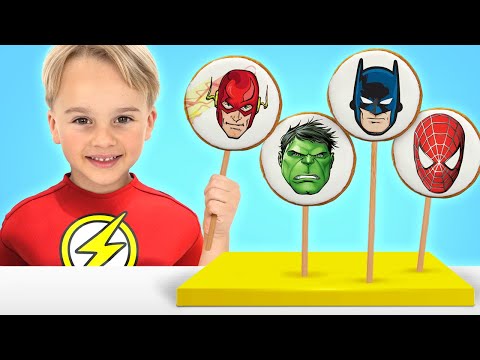 Kids pretend play with superhero cake