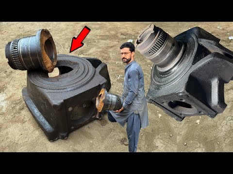 Excavator broken front wheel hub 2 piece assembly is not easy not every craftsman can do