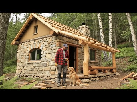 Solo Survival: Young Man Builds a Stone and Wood Cabin Off-Grid with His Dog