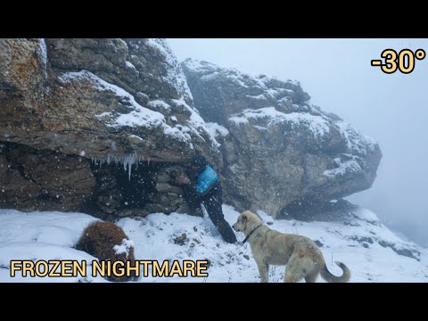 Bushcraft in Snowstorm: Building a Survival Shelter wite fireplace in Extreme Winter Blizzard & mist