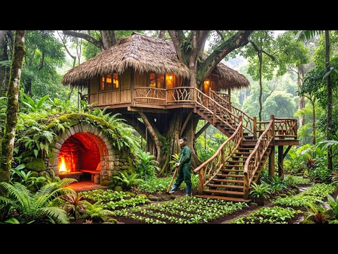 Building a Cozy Tree House with Garden – Storm Forced Me to Create an Underground Stone Shelter