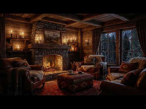 Peaceful Snowy Cabin with Fireplace | 4K Relaxing Winter Sounds