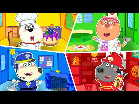 Jobs and Career in Four Colors Playhouse Challenge! 🚓🚒🚑 | Wolfy - Baby Cartoons