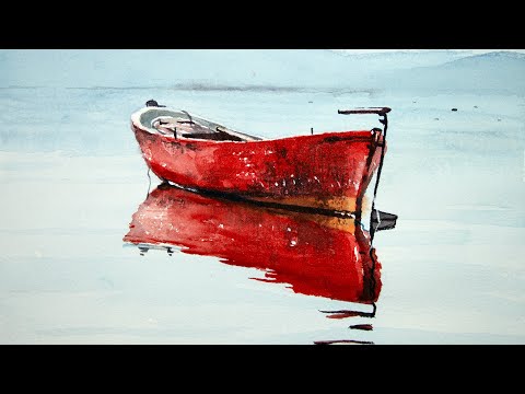 Watercolor of a red boat with reflection