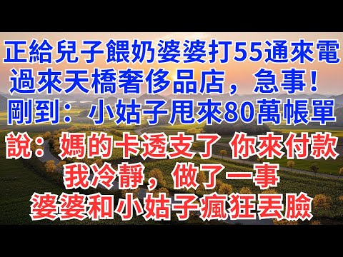 正給兒子餵奶，婆婆急打55通來電，來天橋奢侈品店，急事！剛到：小姑子甩來80萬帳單，說：媽的卡透支了 你來付款，我冷靜 做一事，婆家全員瘋狂丟臉！#慧心家事#為人處世#生活#情感故事#戀愛#情感#婚姻