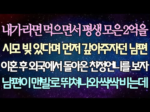(반전 사연) 내가 라면 먹으면서 평생 모은 2억을 시모 빚 있다며 먼저 갚아주자던 남편 이혼 후 외국에서 돌아온 친정언니를 보자 남편이 맨발로 뛰쳐나와 싹싹 비는데 ⧸사이다사연