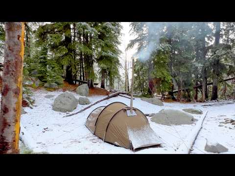 Fall Hot Tent Camping In Snow | ASMR