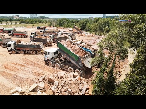 Amazing Stones Filling Up On Huge Land By Using Team KOMATSU Bulldozers With Many Trucks Process